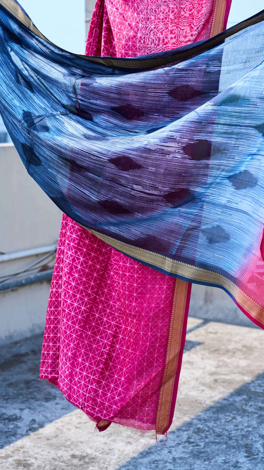 Pink & Navy Blue Nui Shibori Handcrafted Maheshwari Silk Set – handcrafted silk; cotton suits – Handcrafted in India