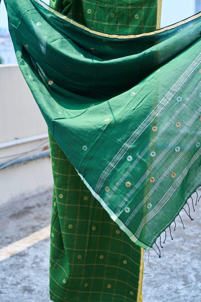 green; checkered cotton Green Jamdani Cotton Suit set by My Store