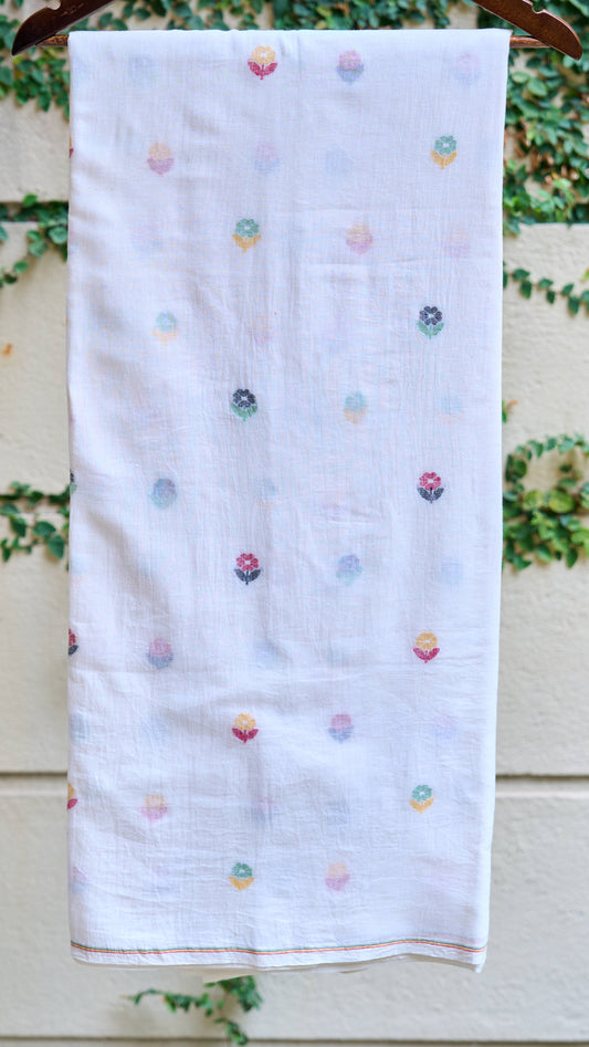 White Multicolor Floral Jamdani Handwoven Cotton Fabric – Sold Per Meter – handcrafted cotton – Handcrafted in India