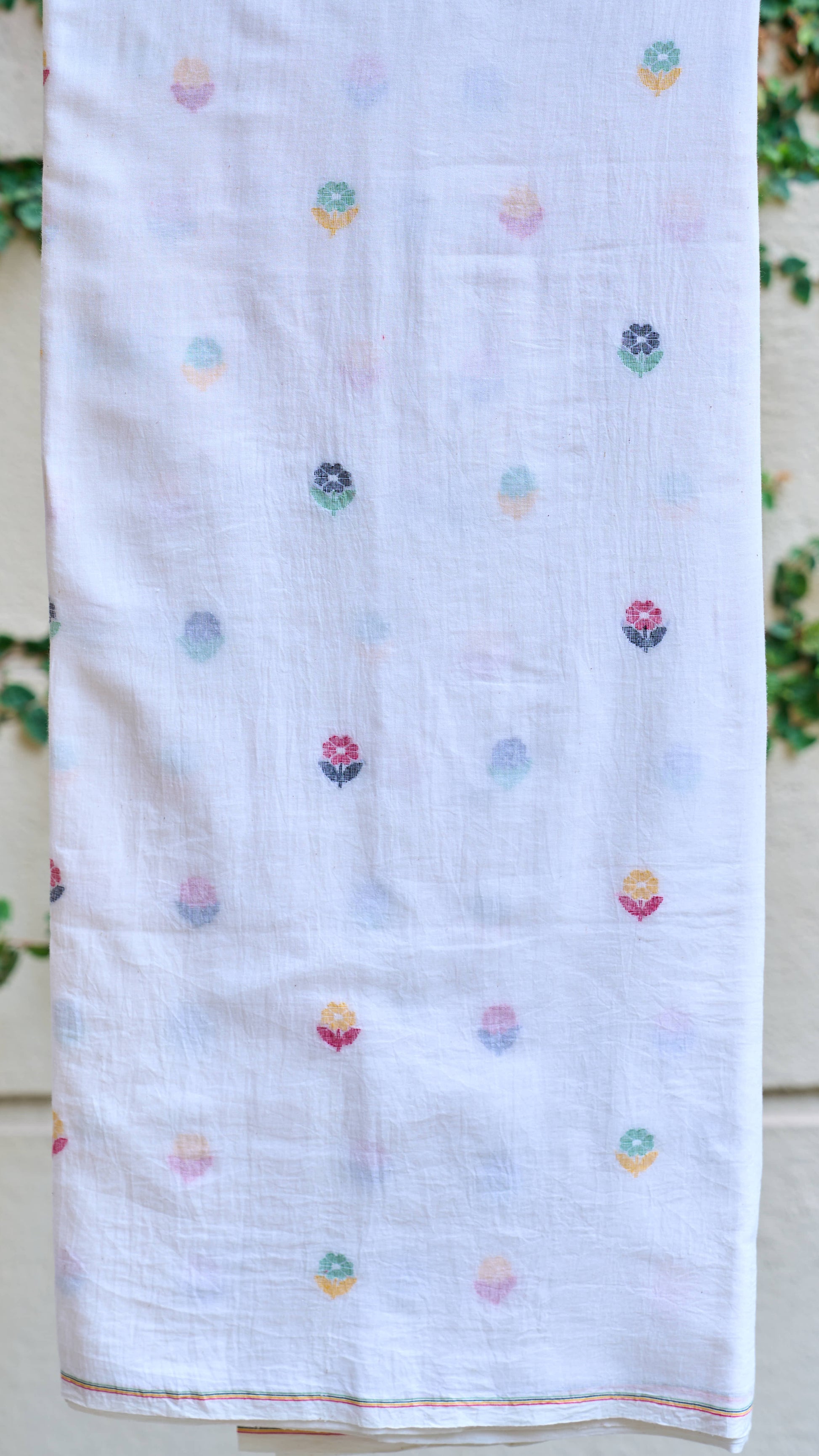 White Multicolor Floral Jamdani Handwoven Cotton Fabric – Sold Per Meter – handcrafted cotton – Handcrafted in India