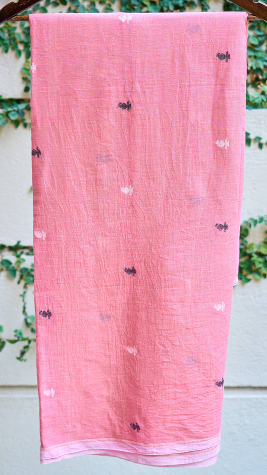 Pink Motif Jamdani Handwoven Cotton Fabric – Sold Per Meter – handcrafted cotton – Handcrafted in India