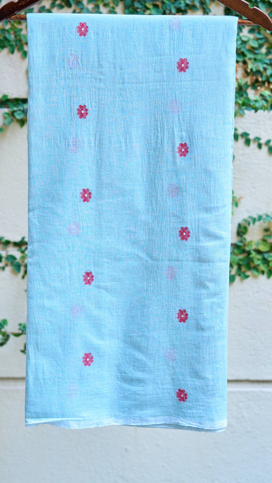 Mint Blue Jamdani Handwoven Cotton Fabric – Sold Per Meter – handcrafted cotton – Handcrafted in India