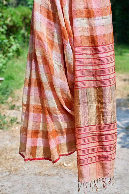 Handwoven Linen Saree – Sunset Checks in Gold & Rose – handcrafted linen – Handcrafted in India