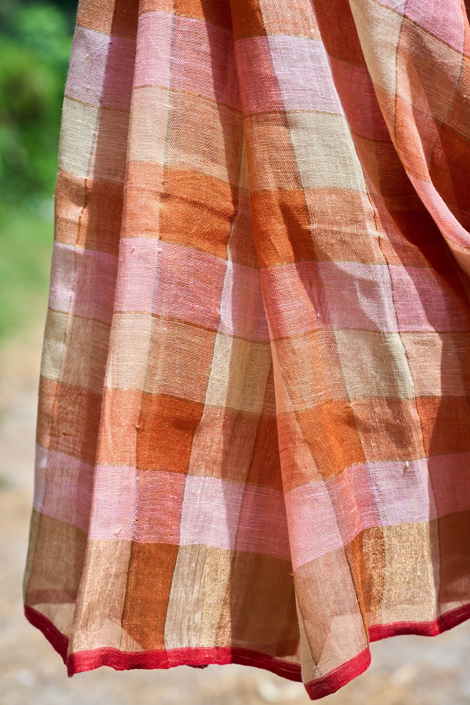 Handwoven Linen Saree – Sunset Checks in Gold & Rose – handcrafted linen – Handcrafted in India