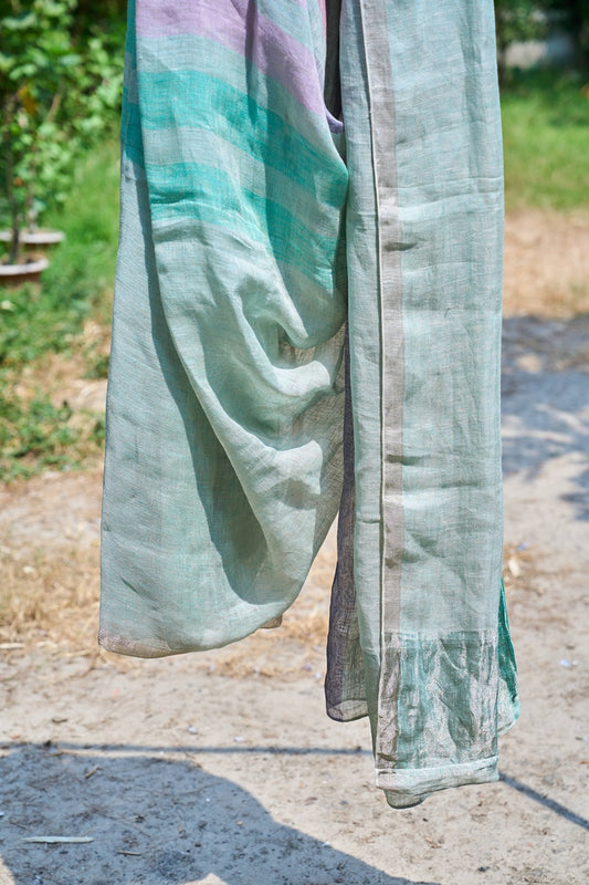 Handwoven Linen Saree – Seafoam & Lilac Ombre – handcrafted linen – Handcrafted in India