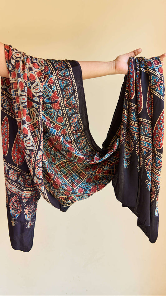 Noor – Black Modal Silk Ajrakh Stole with Red & Blue Floral Motifs – handcrafted modal; silk – Handcrafted in India