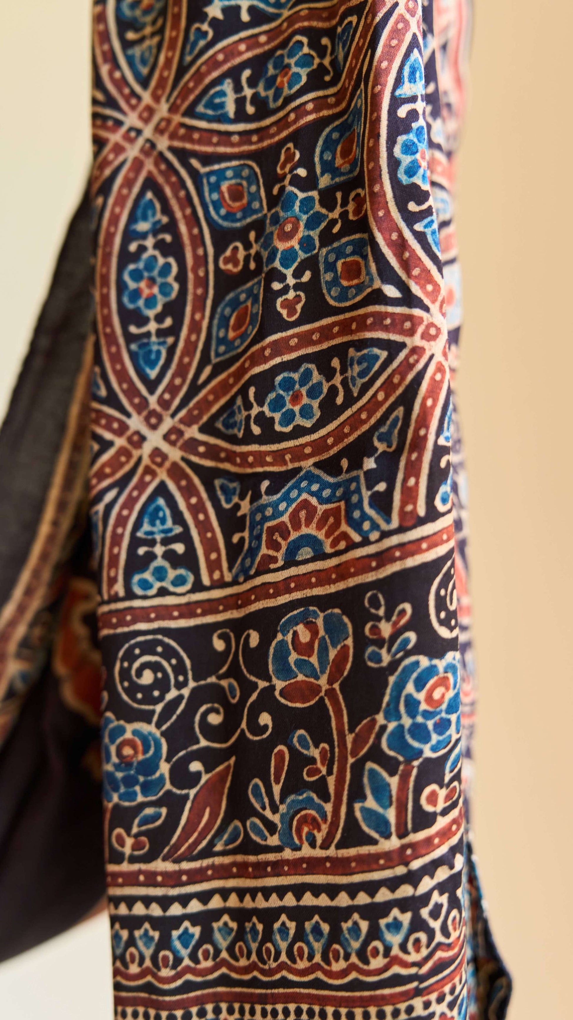 Noor – Black Modal Silk Ajrakh Stole with Red & Blue Floral Motifs – handcrafted modal; silk – Handcrafted in India