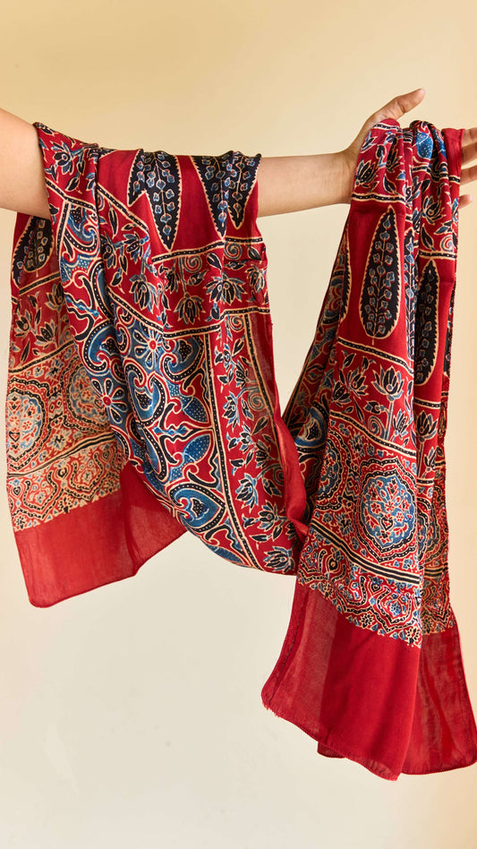Gulzar – Red Modal Silk Ajrakh Stole with Blue Paisley Patterns – handcrafted modal; silk – Handcrafted in India