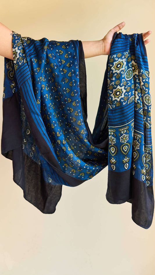 Neelam – Blue Modal Silk Ajrakh Stole with Olive Floral Motifs – handcrafted modal; silk – Handcrafted in India