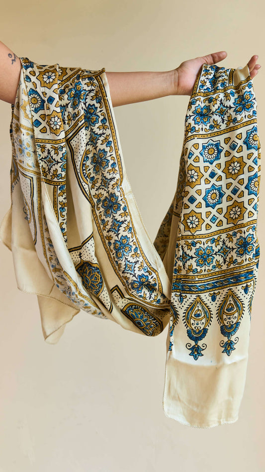 Ziya – Ivory Modal Silk Ajrakh Stole with Blue Floral Patterns – handcrafted modal; silk – Handcrafted in India