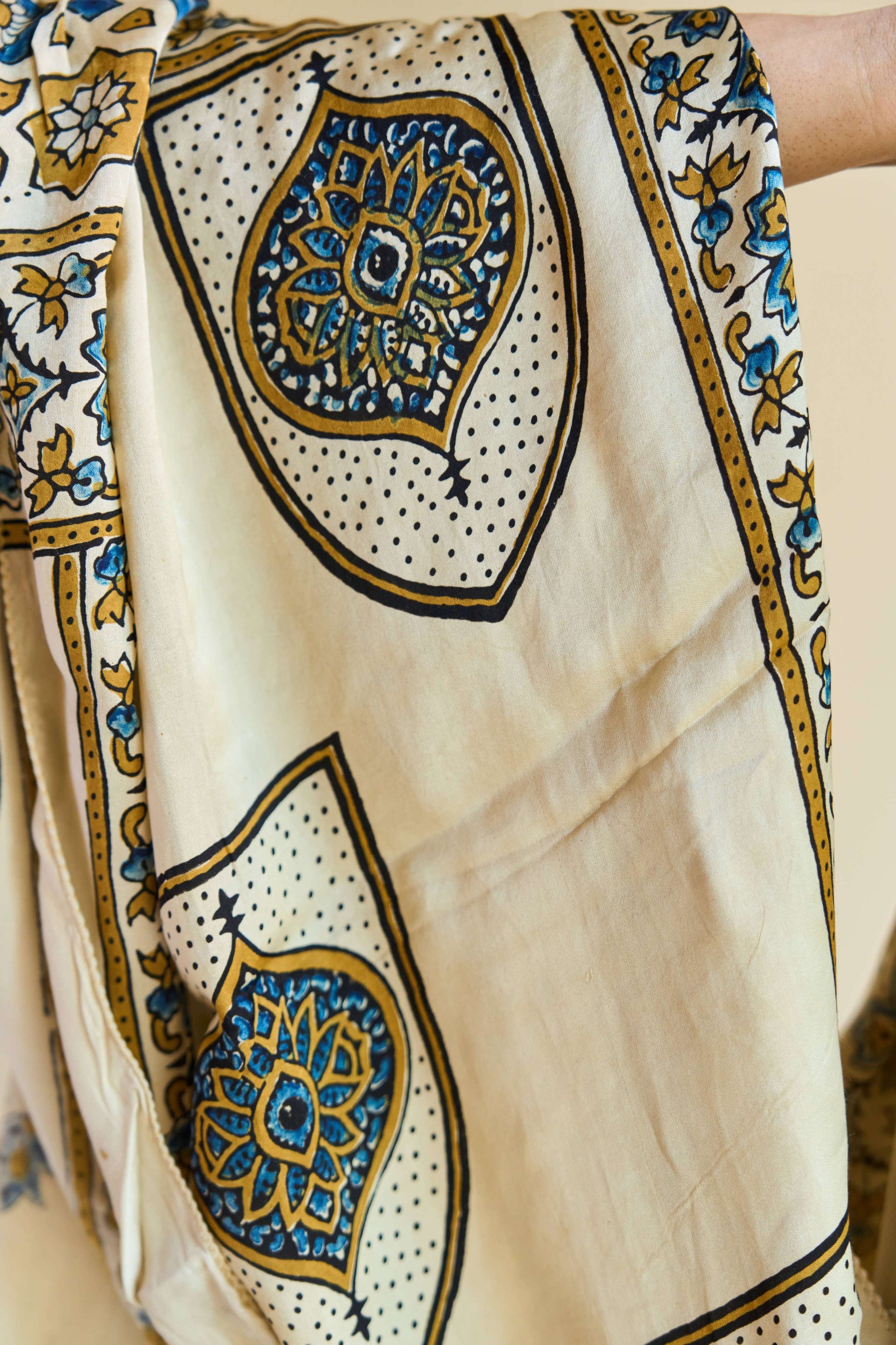Ziya – Ivory Modal Silk Ajrakh Stole with Blue Floral Patterns – handcrafted modal; silk – Handcrafted in India
