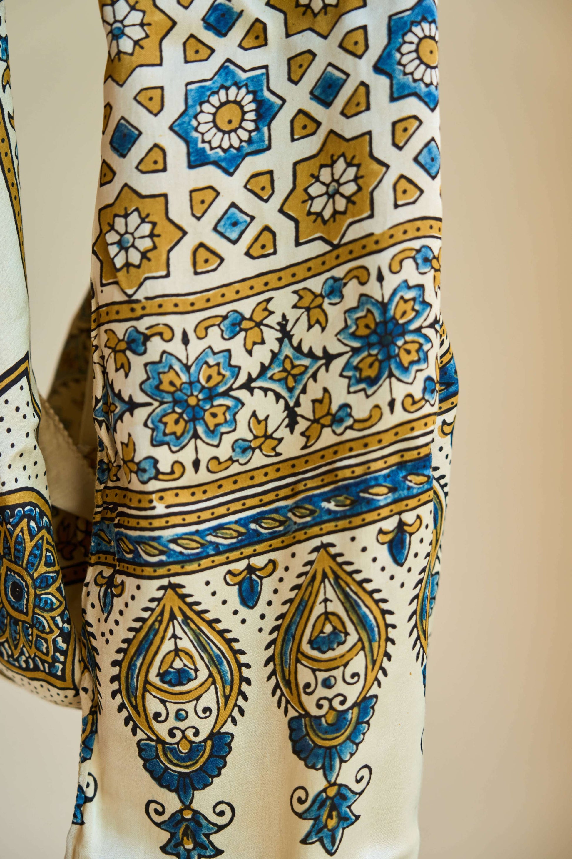Ziya – Ivory Modal Silk Ajrakh Stole with Blue Floral Patterns – handcrafted modal; silk – Handcrafted in India