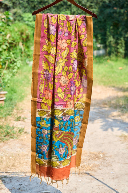 beige; pink silk Pink Handcrafted Maheshwari Silk Dupatta with Kalamkari Work - Earth Tones by Label A