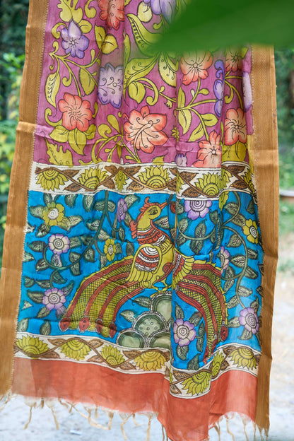 beige; pink silk Pink Handcrafted Maheshwari Silk Dupatta with Kalamkari Work - Earth Tones by Label A