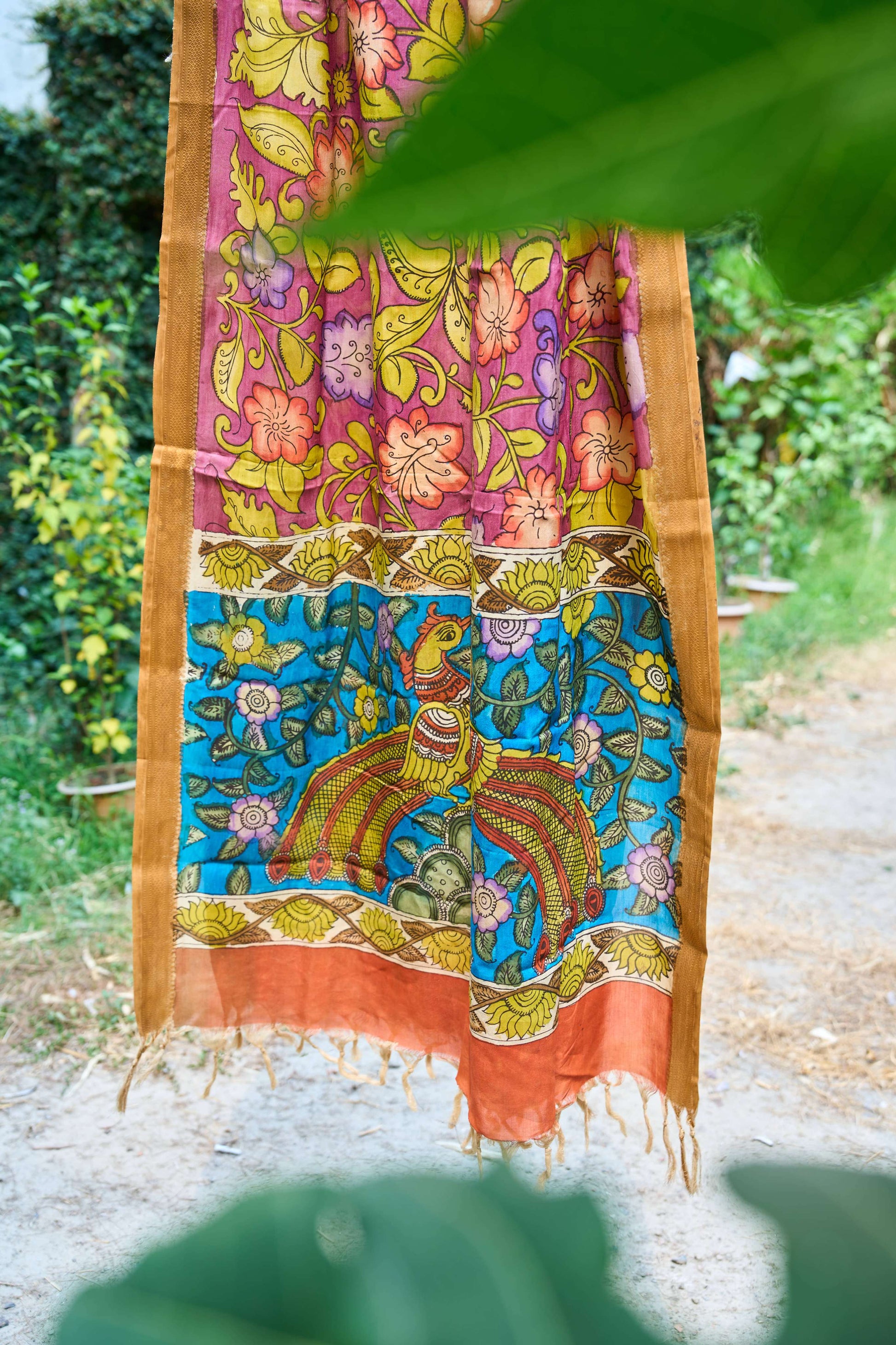 Pink Handcrafted Maheshwari Silk Dupatta with Kalamkari Work – Earth Tones – handcrafted silk – Handcrafted in India