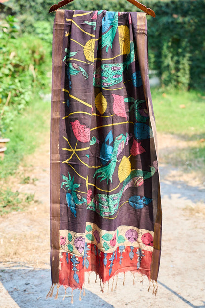floral; black; multicolor silk Black Maheshwari Silk Kalamkari Dupatta - Black Bloom by Label A