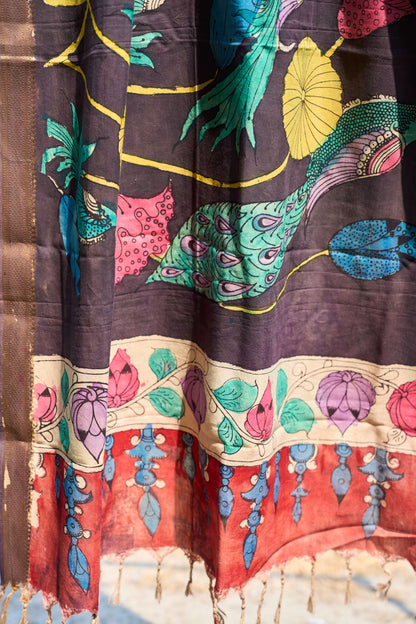 floral; black; multicolor silk Black Maheshwari Silk Kalamkari Dupatta - Black Bloom by Label A
