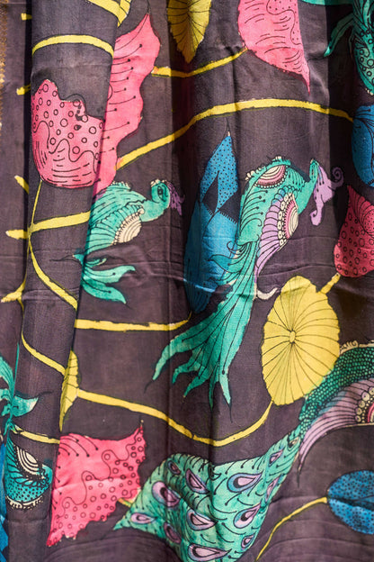 floral; black; multicolor silk Black Maheshwari Silk Kalamkari Dupatta - Black Bloom by Label A
