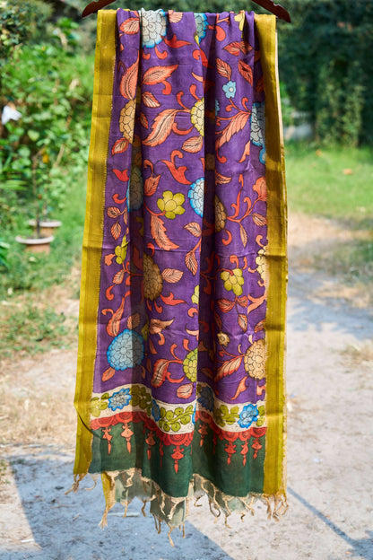 floral; multicolor; purple silk Purple Maheshwari Silk Dupatta with Kalamkari Motifs - Purple Grace by Label A