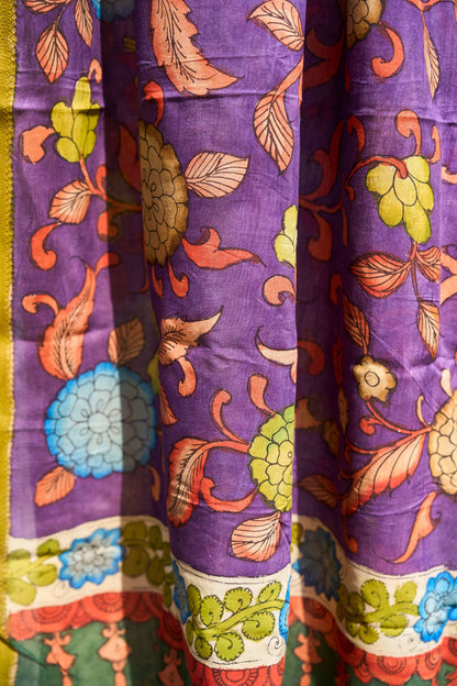 floral; multicolor; purple silk Purple Maheshwari Silk Dupatta with Kalamkari Motifs - Purple Grace by Label A