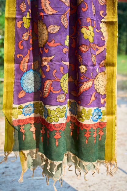 floral; multicolor; purple silk Purple Maheshwari Silk Dupatta with Kalamkari Motifs - Purple Grace by Label A