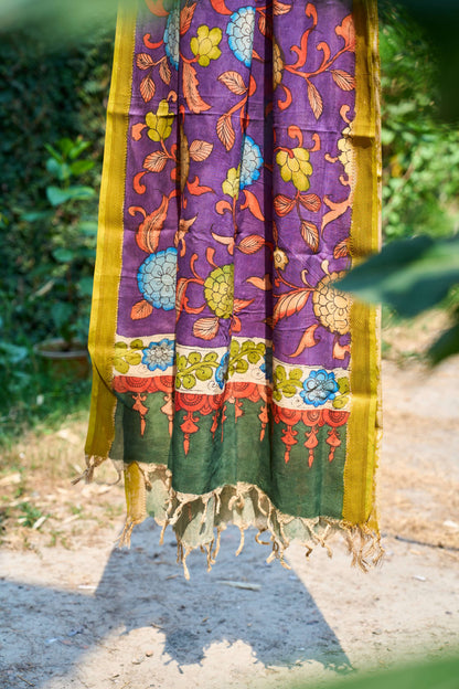 floral; multicolor; purple silk Purple Maheshwari Silk Dupatta with Kalamkari Motifs - Purple Grace by Label A