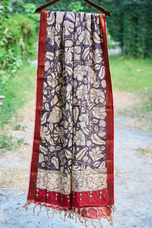 Maroon-black Maheshwari Silk Dupatta with Kalamkari Work – Twilight Whispers – handcrafted silk – Handcrafted in India