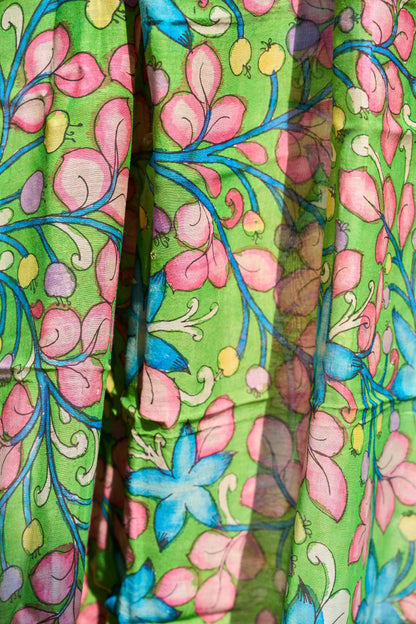floral; multicolor; green silk Green Chanderi Silk Dupatta with Kalamkari Detailing - Green Harmony by Label A