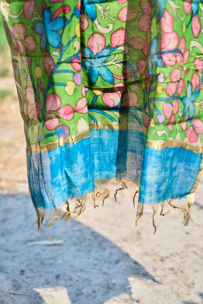 floral; multicolor; green silk Green Chanderi Silk Dupatta with Kalamkari Detailing - Green Harmony by Label A