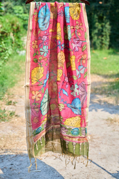 floral; multicolor; pink silk Fuchsia Pink Chanderi Silk Dupatta with Kalamkari Work - Sunset Hues by Label A