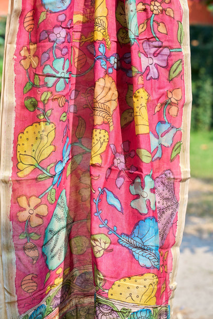beige; pink silk Pink Handcrafted Maheshwari Silk Dupatta with Kalamkari Work - Earth Tones by Label A