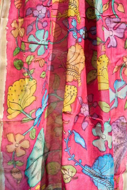floral; multicolor; pink silk Fuchsia Pink Chanderi Silk Dupatta with Kalamkari Work - Sunset Hues by Label A