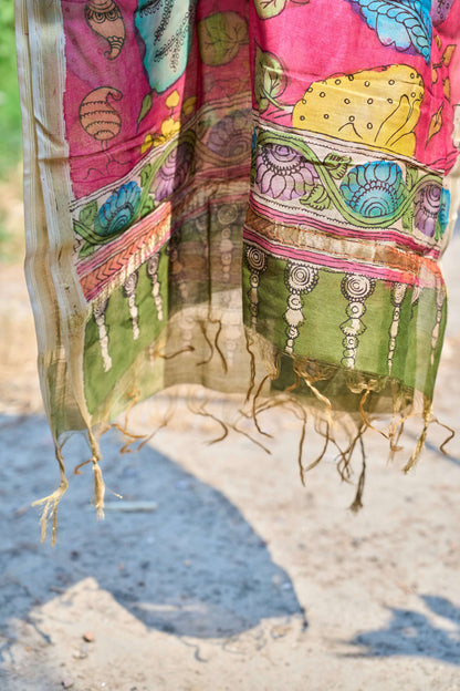 floral; multicolor; pink silk Fuchsia Pink Chanderi Silk Dupatta with Kalamkari Work - Sunset Hues by Label A