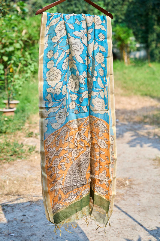 Sky Blue & Mustard Chanderi Silk Dupatta with Kalamkari Work – Floral Harmony – handcrafted silk – Handcrafted in India