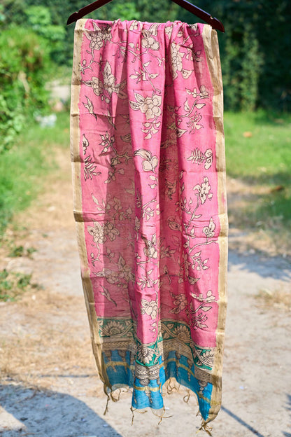 multicolor; gold; blue; pink; floral silk Baby Pink Chanderi Silk Dupatta with Kalamkari Work - Blossom Reverie by Label A