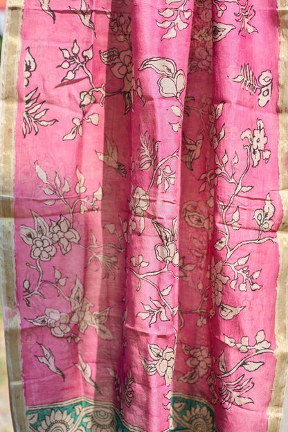 multicolor; gold; blue; pink; floral silk Baby Pink Chanderi Silk Dupatta with Kalamkari Work - Blossom Reverie by Label A