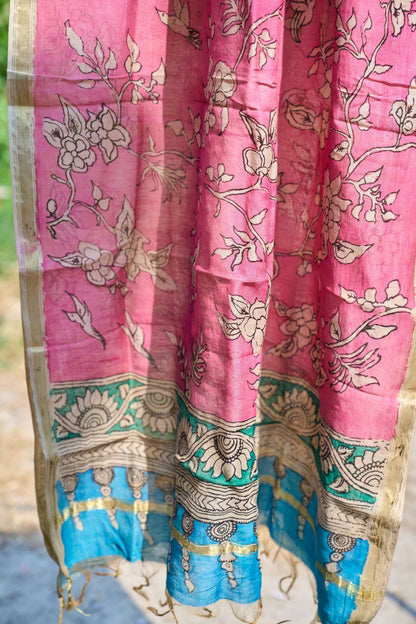 multicolor; gold; blue; pink; floral silk Baby Pink Chanderi Silk Dupatta with Kalamkari Work - Blossom Reverie by Label A