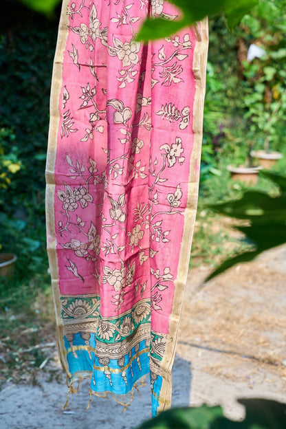 multicolor; gold; blue; pink; floral silk Baby Pink Chanderi Silk Dupatta with Kalamkari Work - Blossom Reverie by Label A