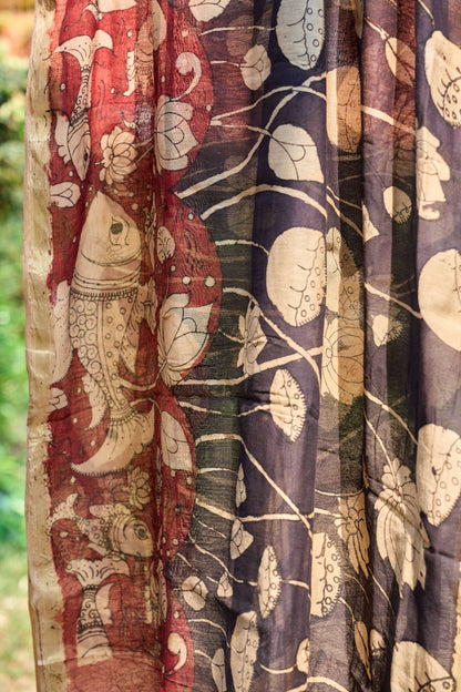 multicolor; gold; floral; red; black silk Black Chanderi Silk Dupatta with Red Lotus Kalamkari - Lotus Harmony by Label A