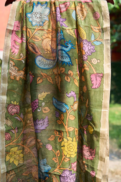 multicolor; gold; floral; green silk Olive Green Chanderi Silk Dupatta with Bird Kalamkari - Peacock Garden by Label A