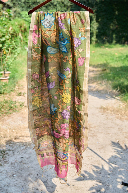 multicolor; gold; floral; green silk Olive Green Chanderi Silk Dupatta with Bird Kalamkari - Peacock Garden by Label A
