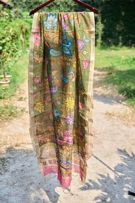 Olive Green Chanderi Silk Dupatta with Bird Kalamkari – Peacock Garden – handcrafted silk – Handcrafted in India
