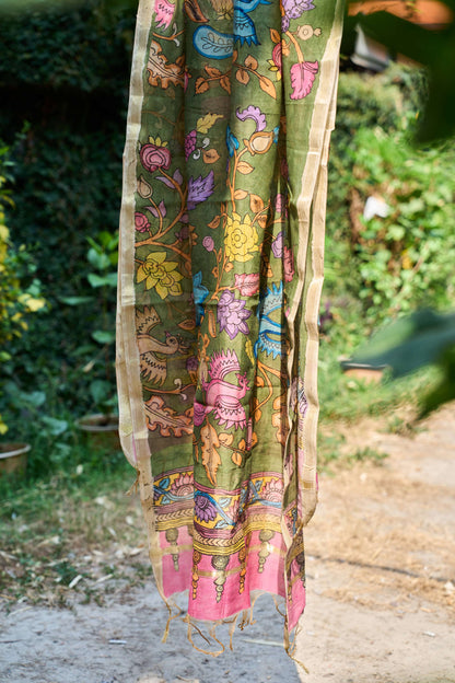 multicolor; gold; floral; green silk Olive Green Chanderi Silk Dupatta with Bird Kalamkari - Peacock Garden by Label A