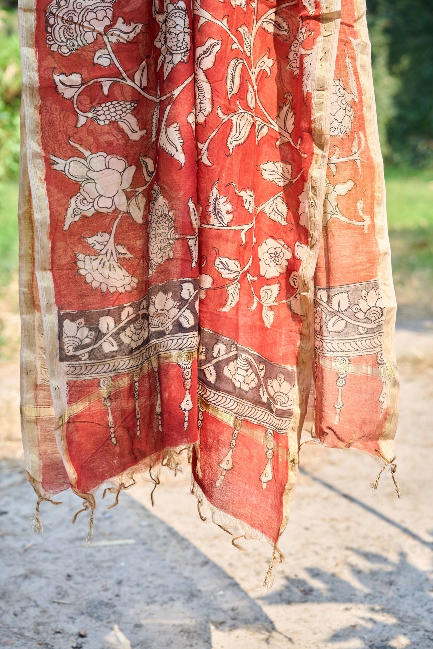 Rust Red Chanderi Silk Dupatta with Floral Kalamkari – Rustic Blossom – handcrafted silk – Handcrafted in India