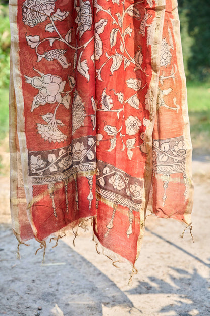 multicolor; gold; floral; bronze; red silk Rust Red Chanderi Silk Dupatta with Floral Kalamkari - Rustic Blossom by Label A