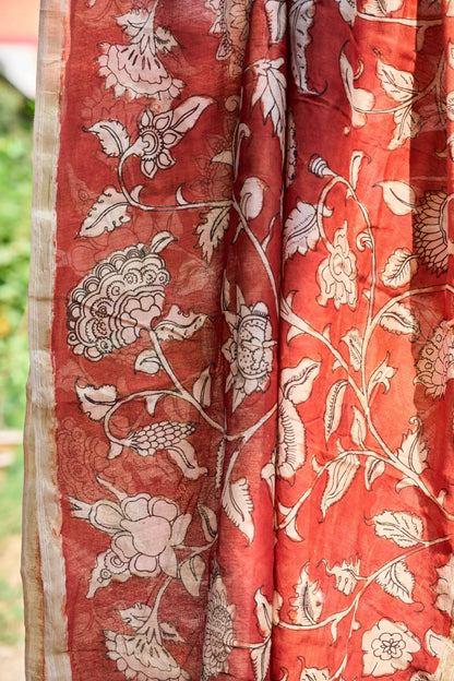 multicolor; gold; floral; bronze; red silk Rust Red Chanderi Silk Dupatta with Floral Kalamkari - Rustic Blossom by Label A