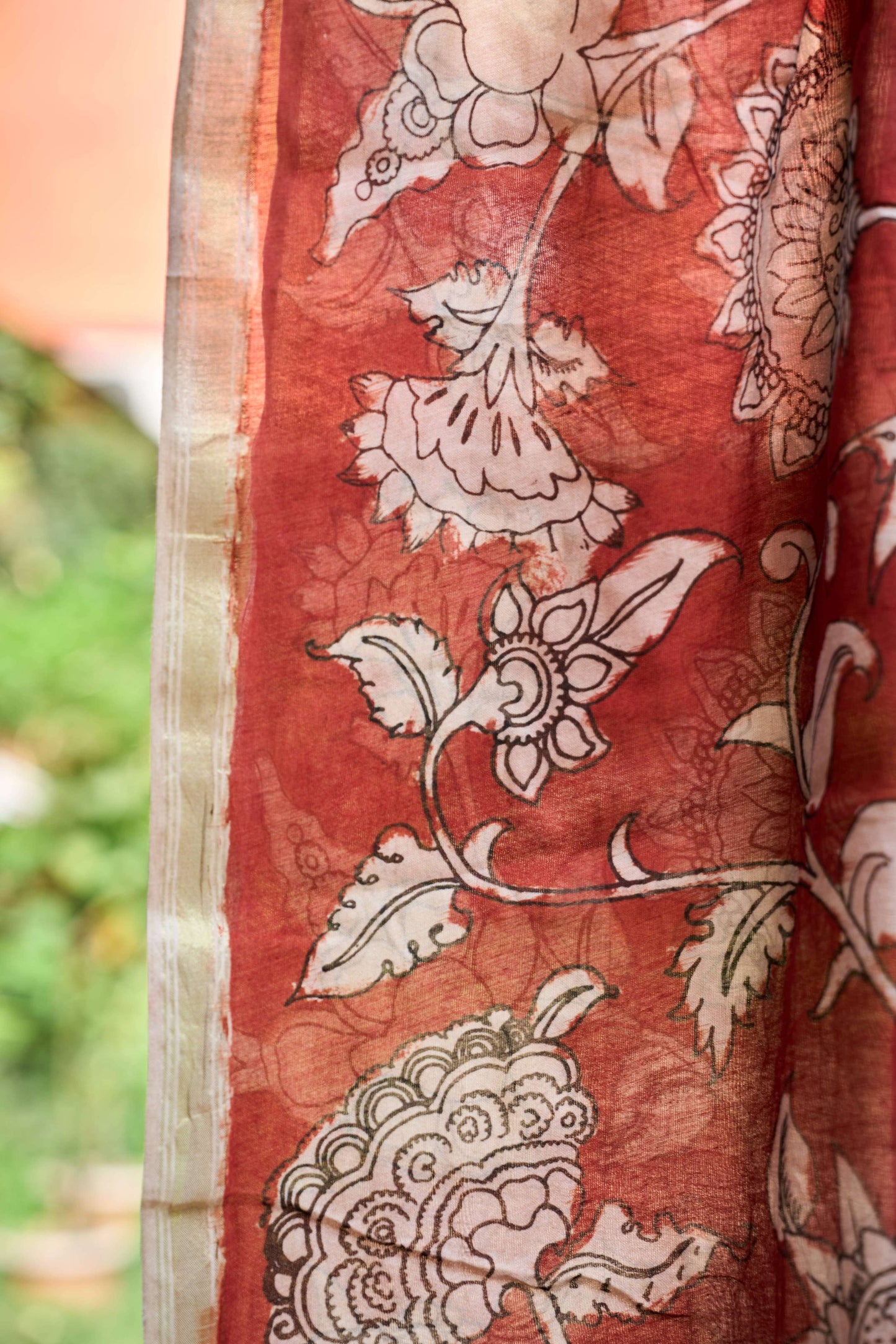 Rust Red Chanderi Silk Dupatta with Floral Kalamkari – Rustic Blossom – handcrafted silk – Handcrafted in India