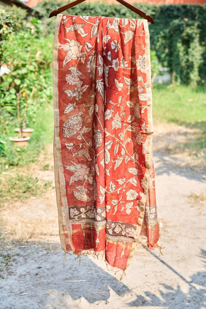 multicolor; gold; floral; bronze; red silk Rust Red Chanderi Silk Dupatta with Floral Kalamkari - Rustic Blossom by Label A