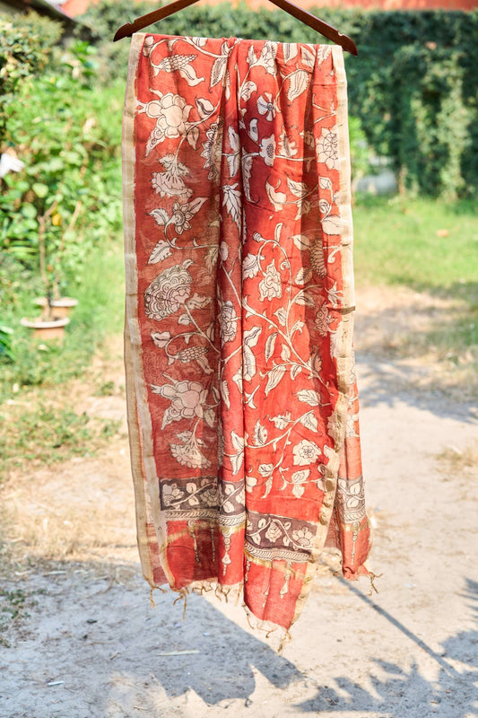 Rust Red Chanderi Silk Dupatta with Floral Kalamkari – Rustic Blossom – handcrafted silk – Handcrafted in India