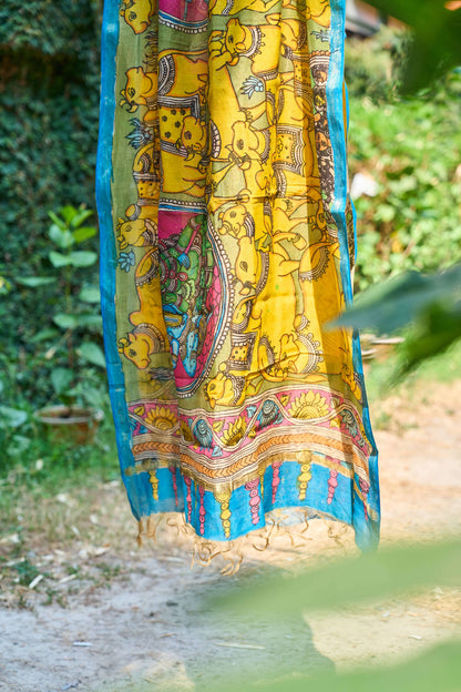 multicolor; gold; floral; yellow; blue; pink; red silk Yellow Chanderi Silk Dupatta with Mythological Kalamkari - Divine Tale